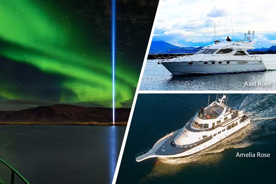 Northern lights over Reykjavik with Axel Rose and Amelia Rose cruise yachts on the North Atlantic Ocean