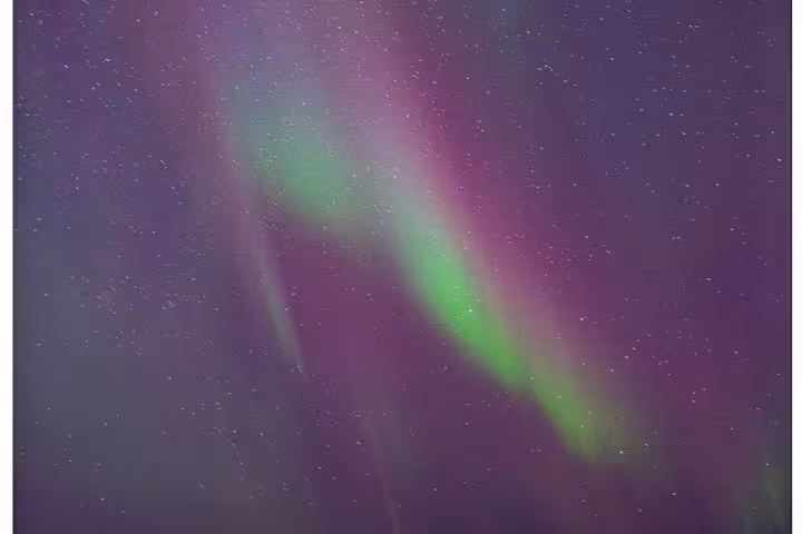 Vibrant green and purple aurora borealis dancing across a starry night sky in Reykjavik