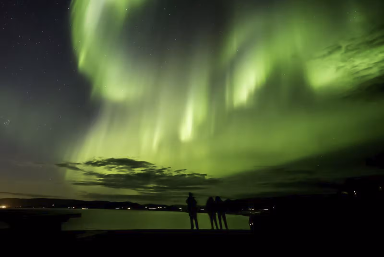Silhouettes of people watching vivid green northern lights aurora over a reflective lake in Reykjavik, Iceland