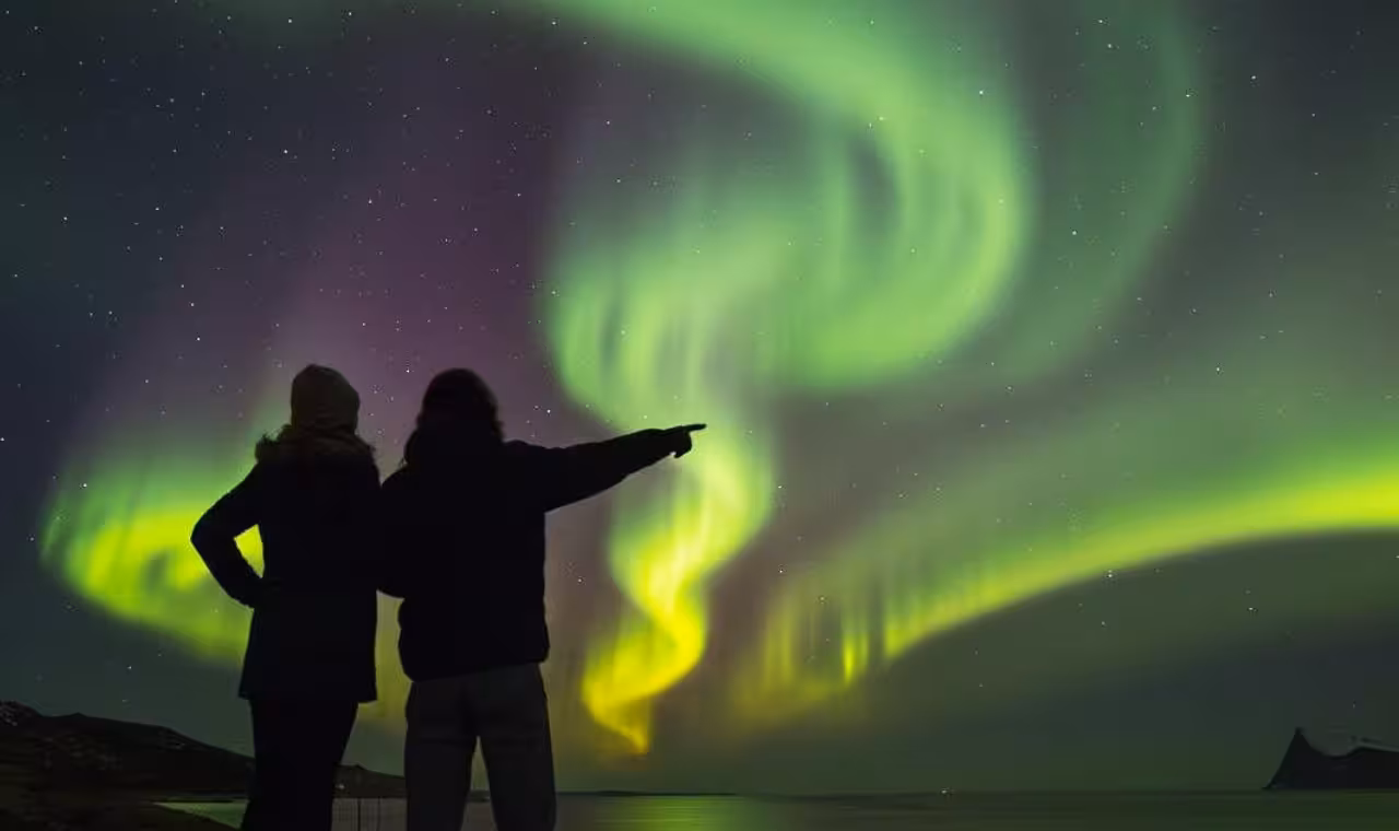 Two people silhouetted watching vibrant green and purple northern lights over Reykjavik waters at night