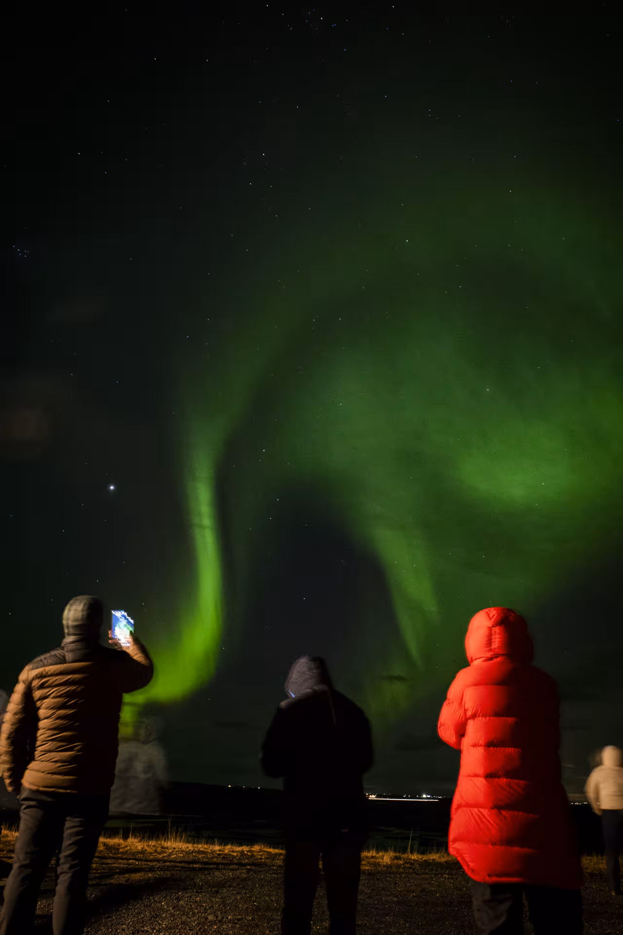 Tourists watching vivid green northern lights aurora borealis over Reykjavik night sky