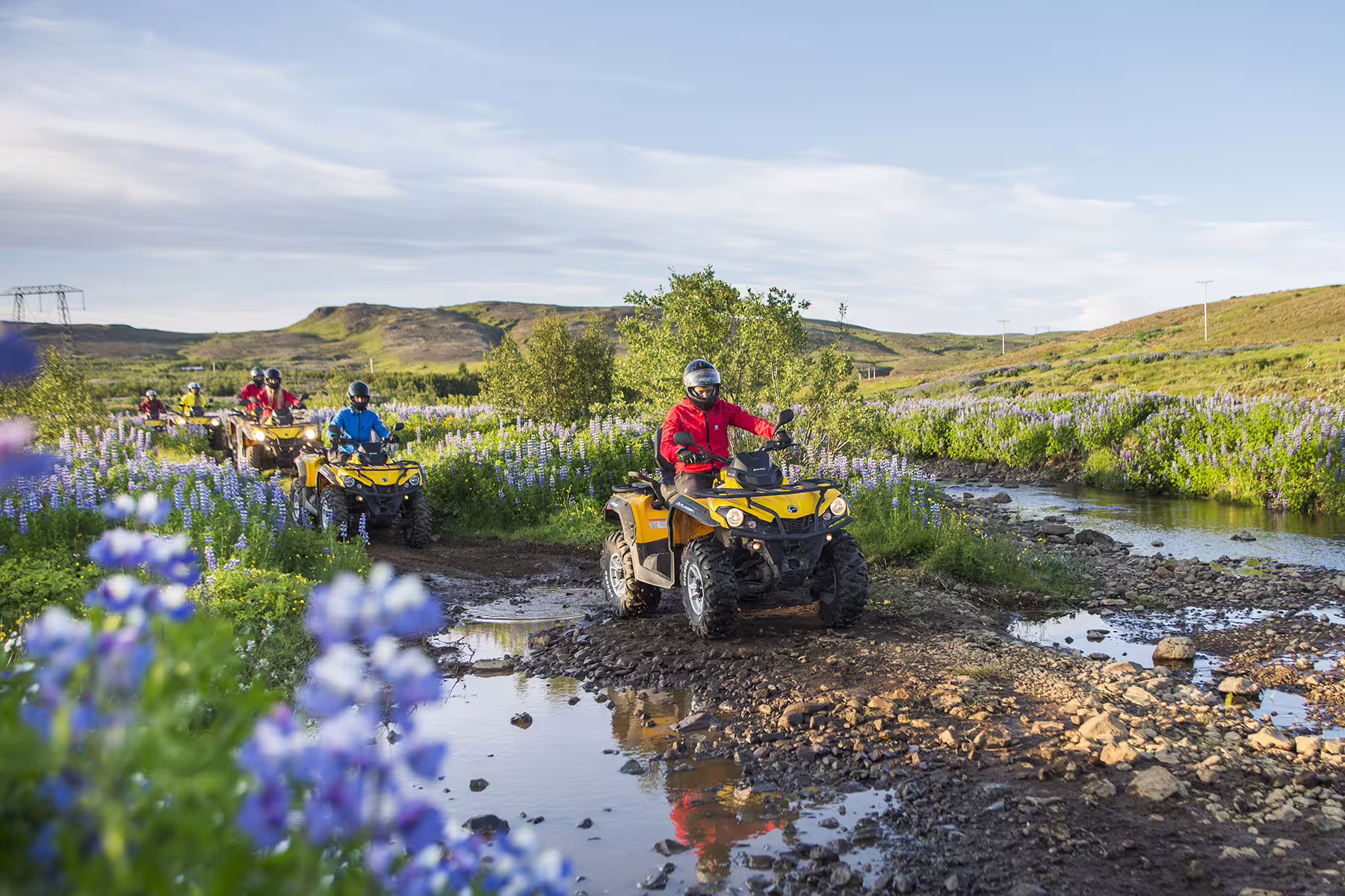 Riders navigate ATVs through vibrant Icelandic landscapes during a thrilling 1-hour Reykjavik Peak adventure tour.