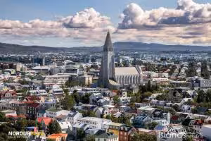Aerial panoramic view of colorful Reykjavik cityscape featuring Hallgrímskirkja on a private local tour