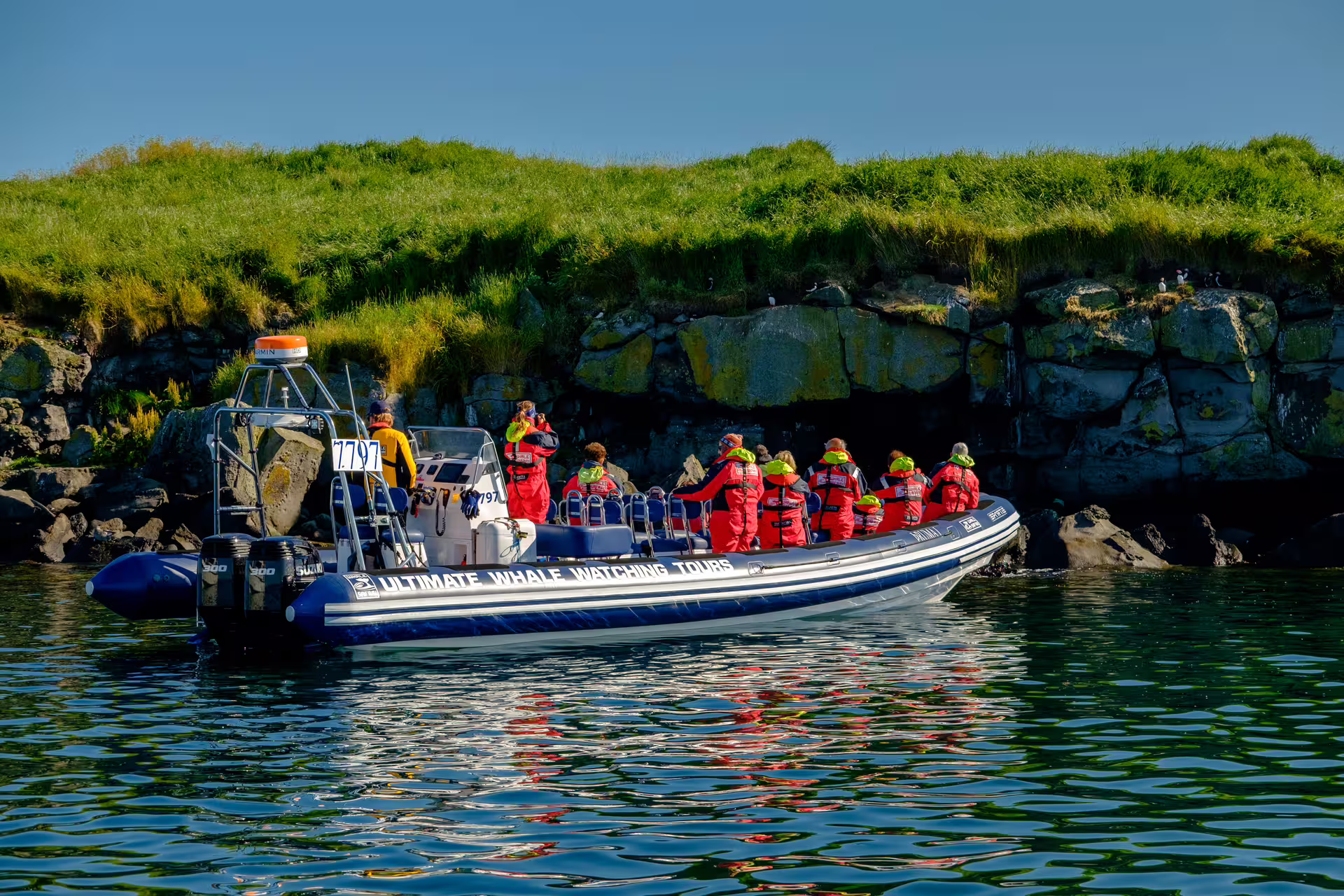 Tourists in red suits on Ultimate Whale Watching Tours RIB boat near rocky cliffs in Reykjavik