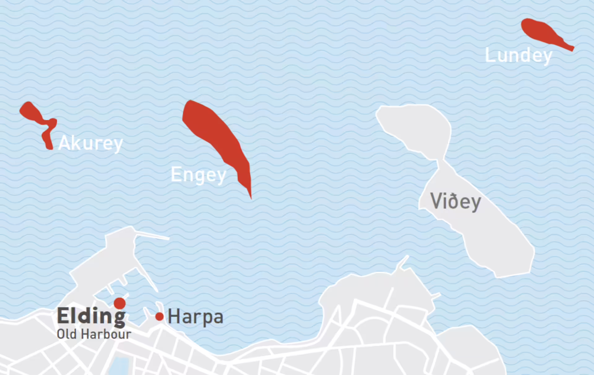 Map of Faxafloi Bay showing puffin islands Akurey, Engey, Lundey, and Viðey near Reykjavik harbour