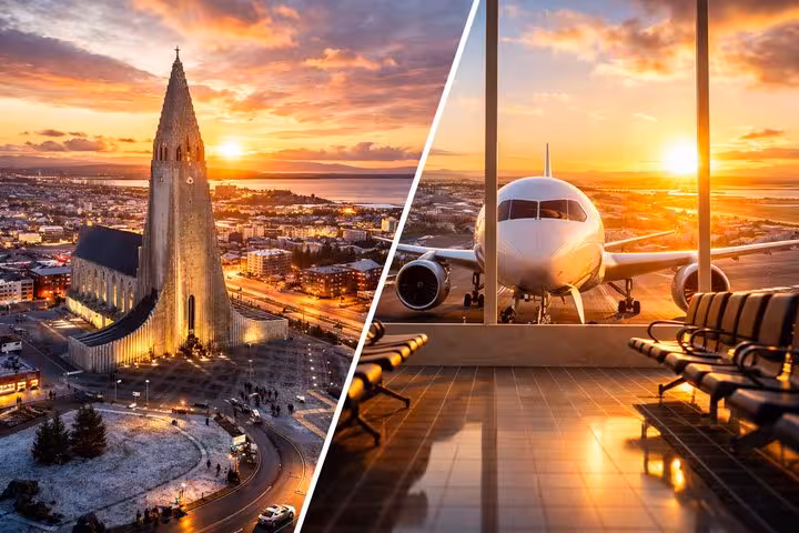 Hallgrímskirkja church in Reykjavik at sunset alongside airport terminal with airplane on tarmac