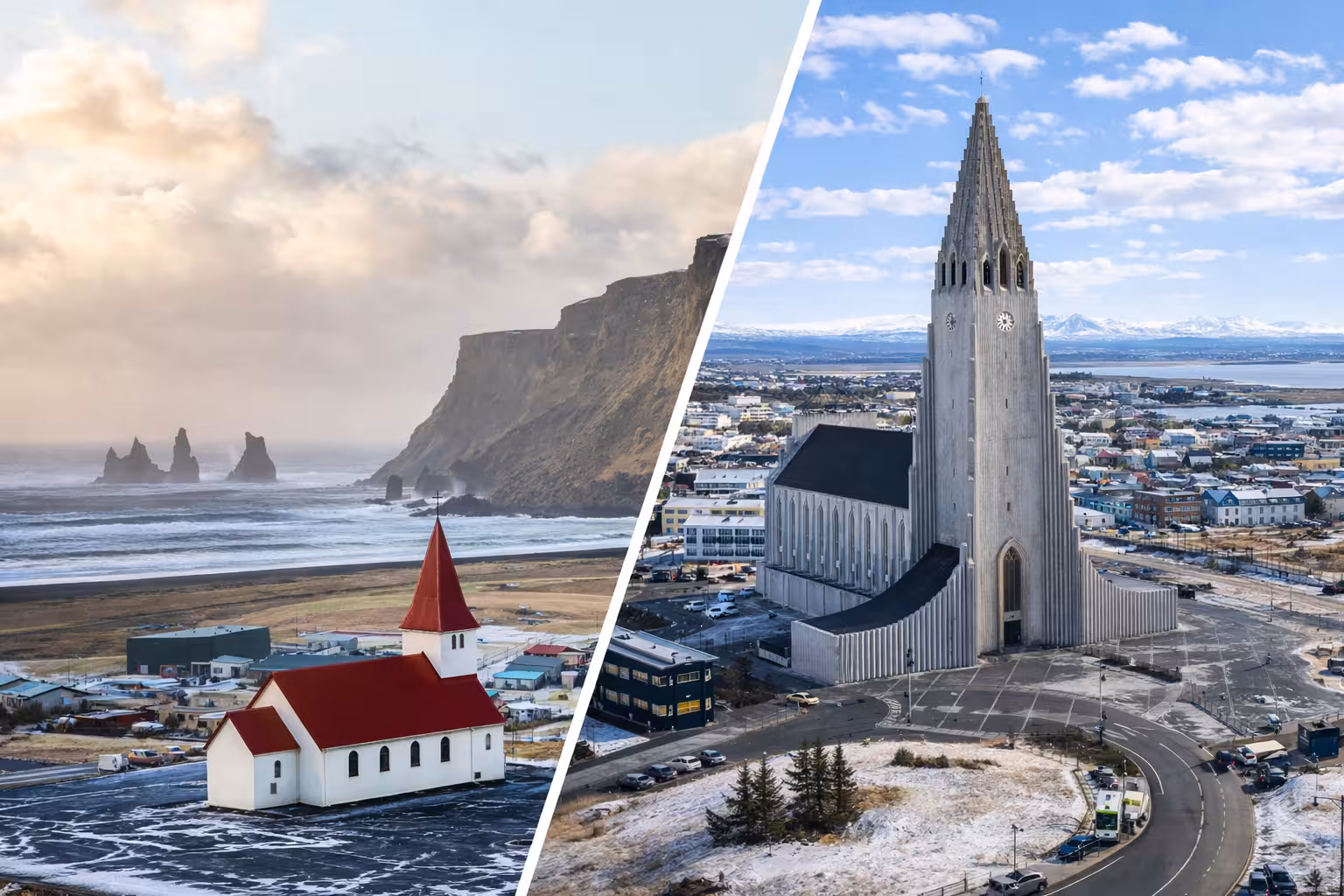 Aerial split view of Vik church with black sand beach and Reykjavik Hallgrimskirkja cathedral in Iceland