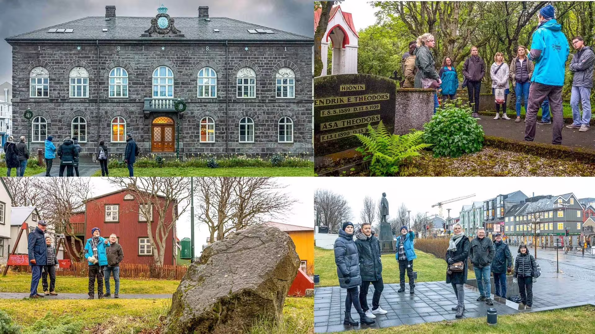 Tour groups exploring Reykjavik landmarks including parliament building, cemetery, historic red house, and city square statue