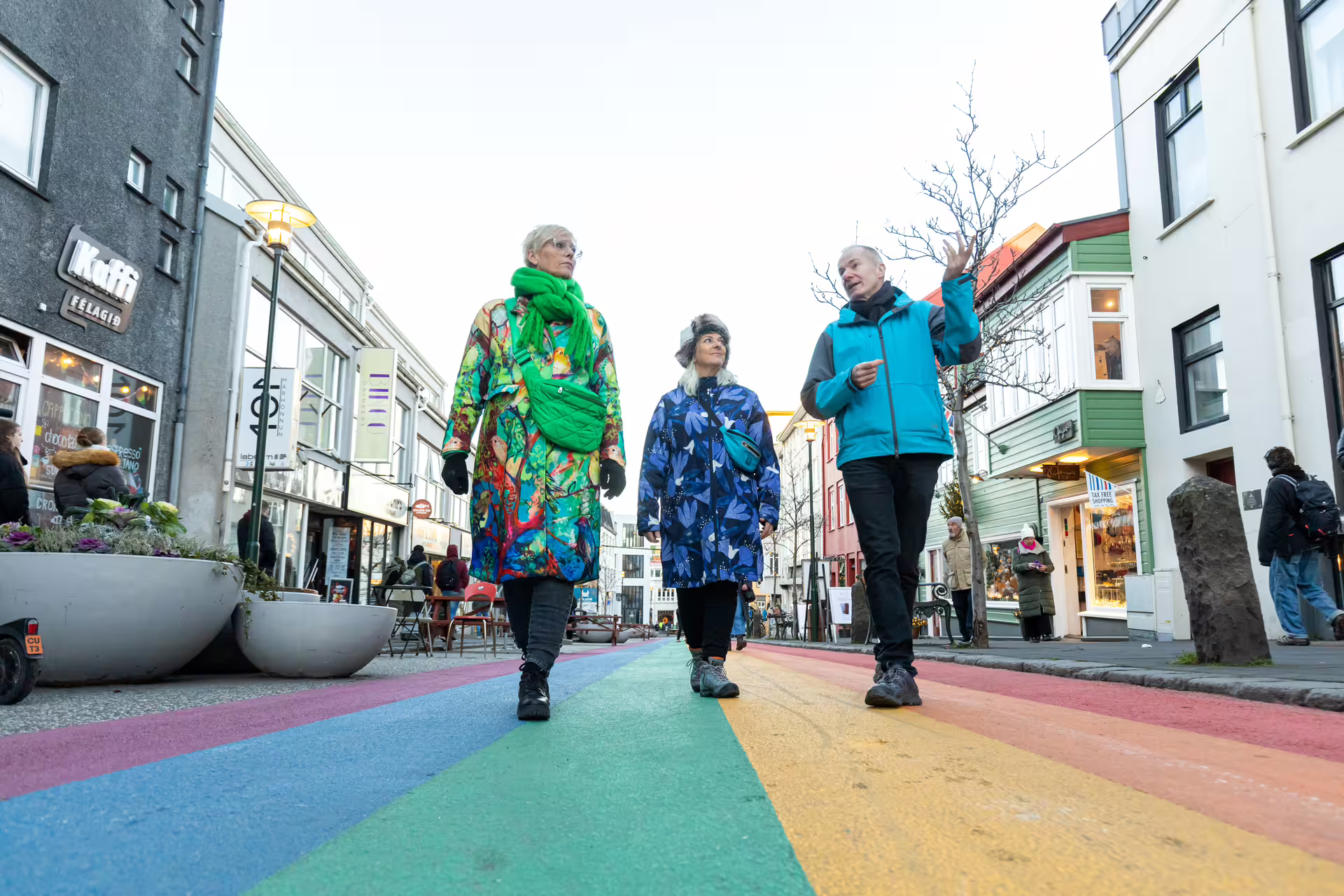 A group enjoying the Reykjavik Walking Tour by the Rainbow street