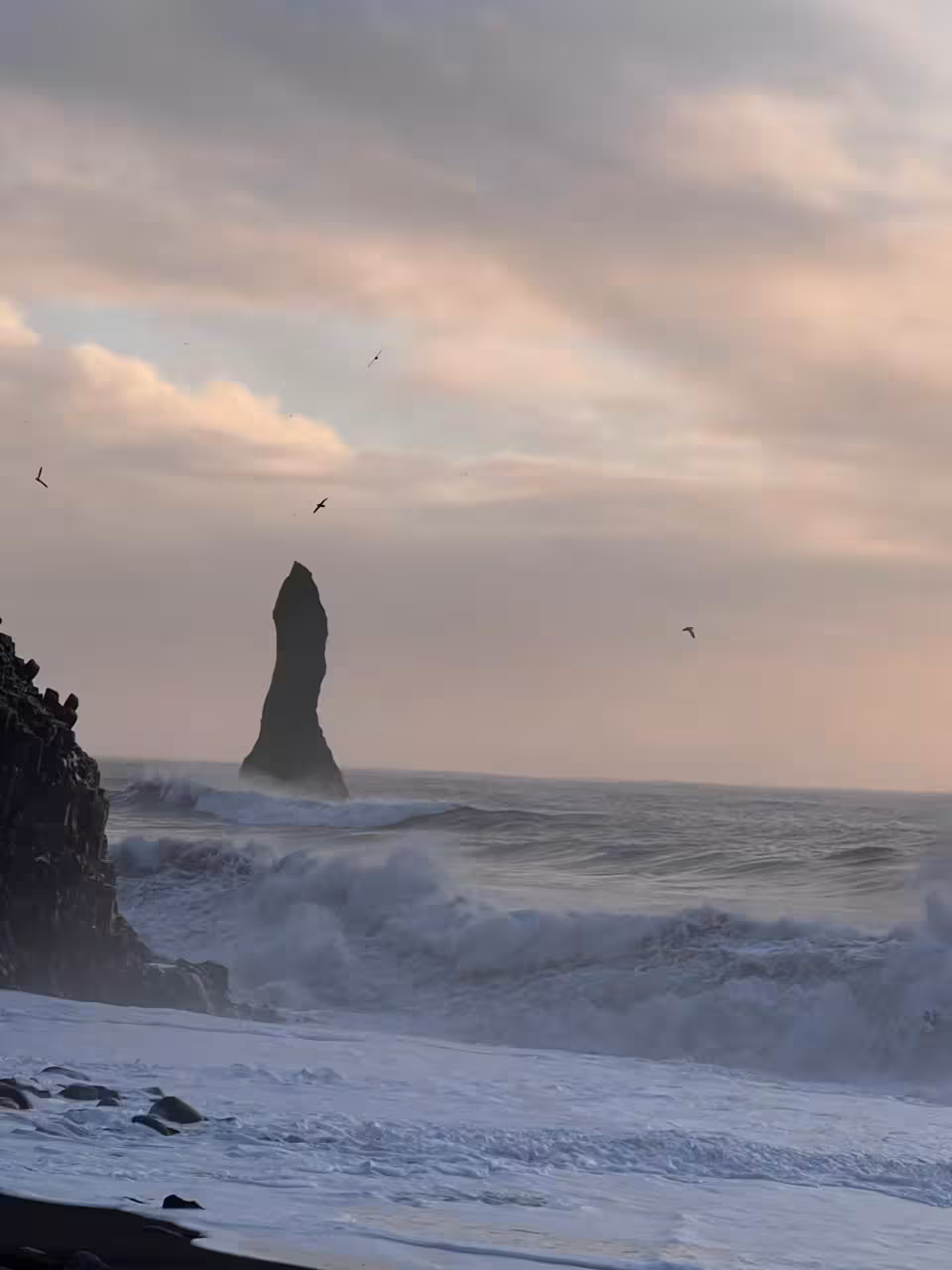 Reynisdrangar sea stack at Reynisfjara black sand beach on South Coast private tour from Reykjavik
