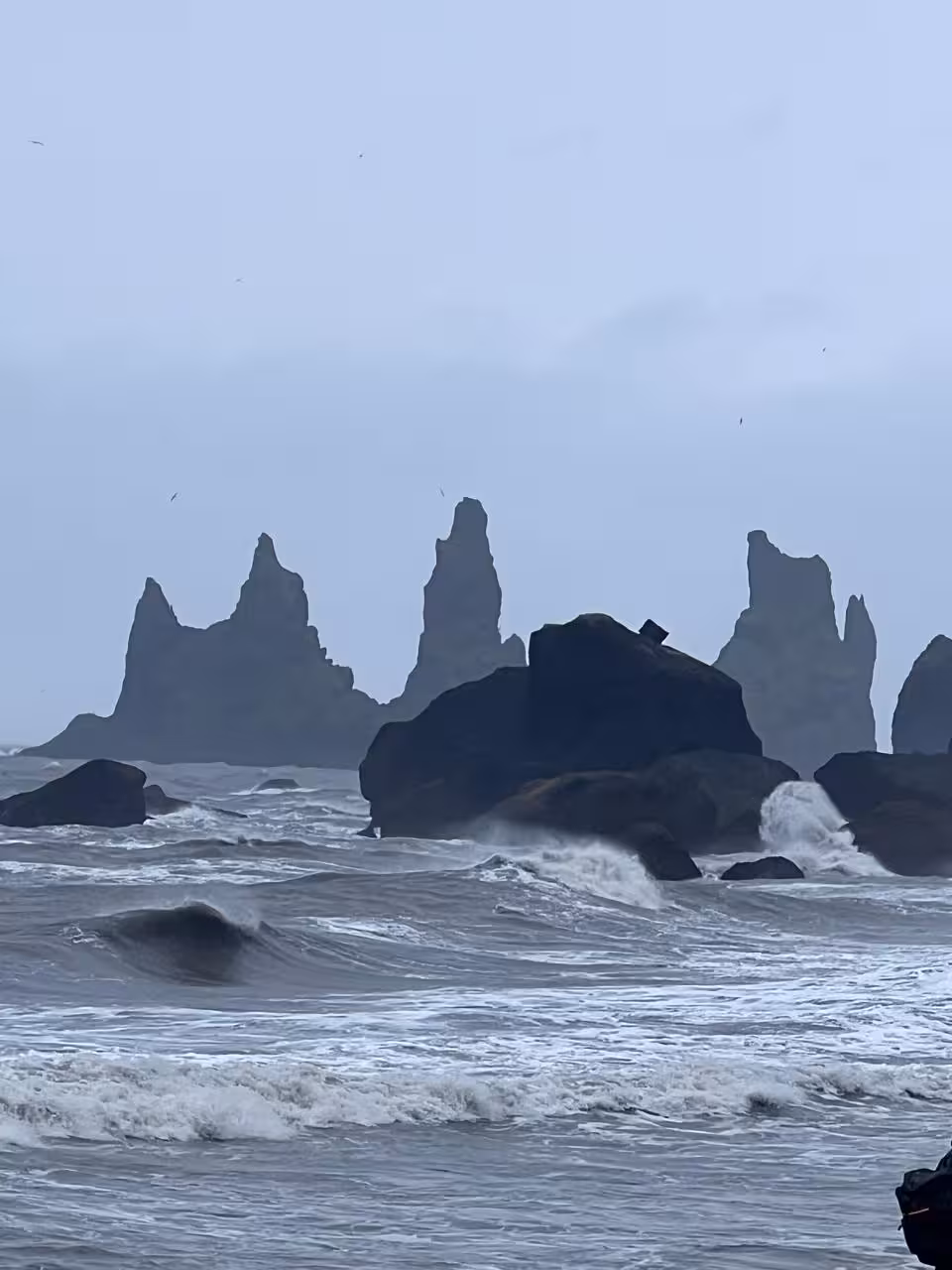 Reynisdrangar sea stacks and crashing waves at Reynisfjara on a South Coast private tour from Reykjavik