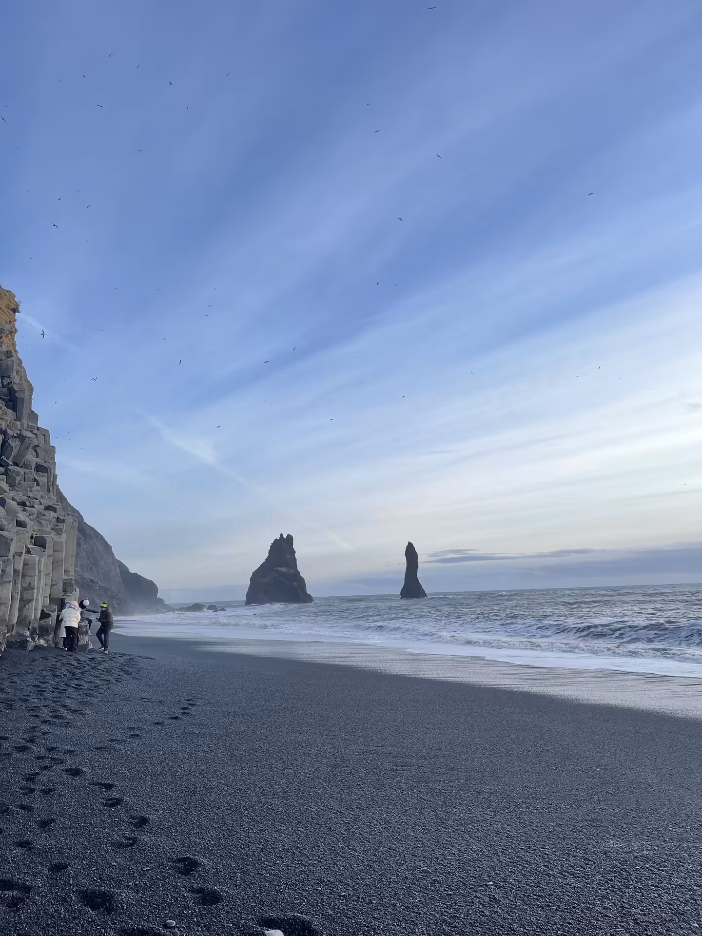 Black sand beach Reynisfjara with basalt columns and sea stacks on Iceland South Coast