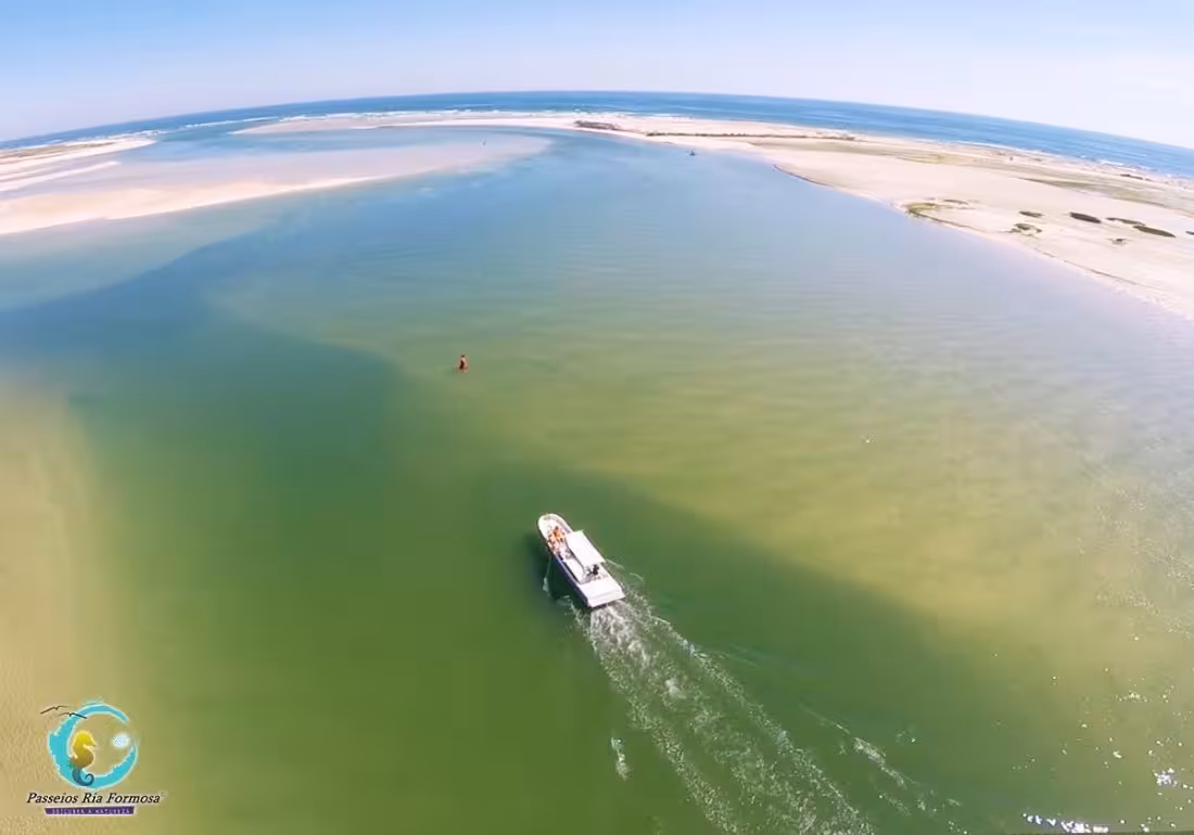 Aerial view of a boat cruising through the stunning green waters of Ria Formosa Natural Park toward Armona Island