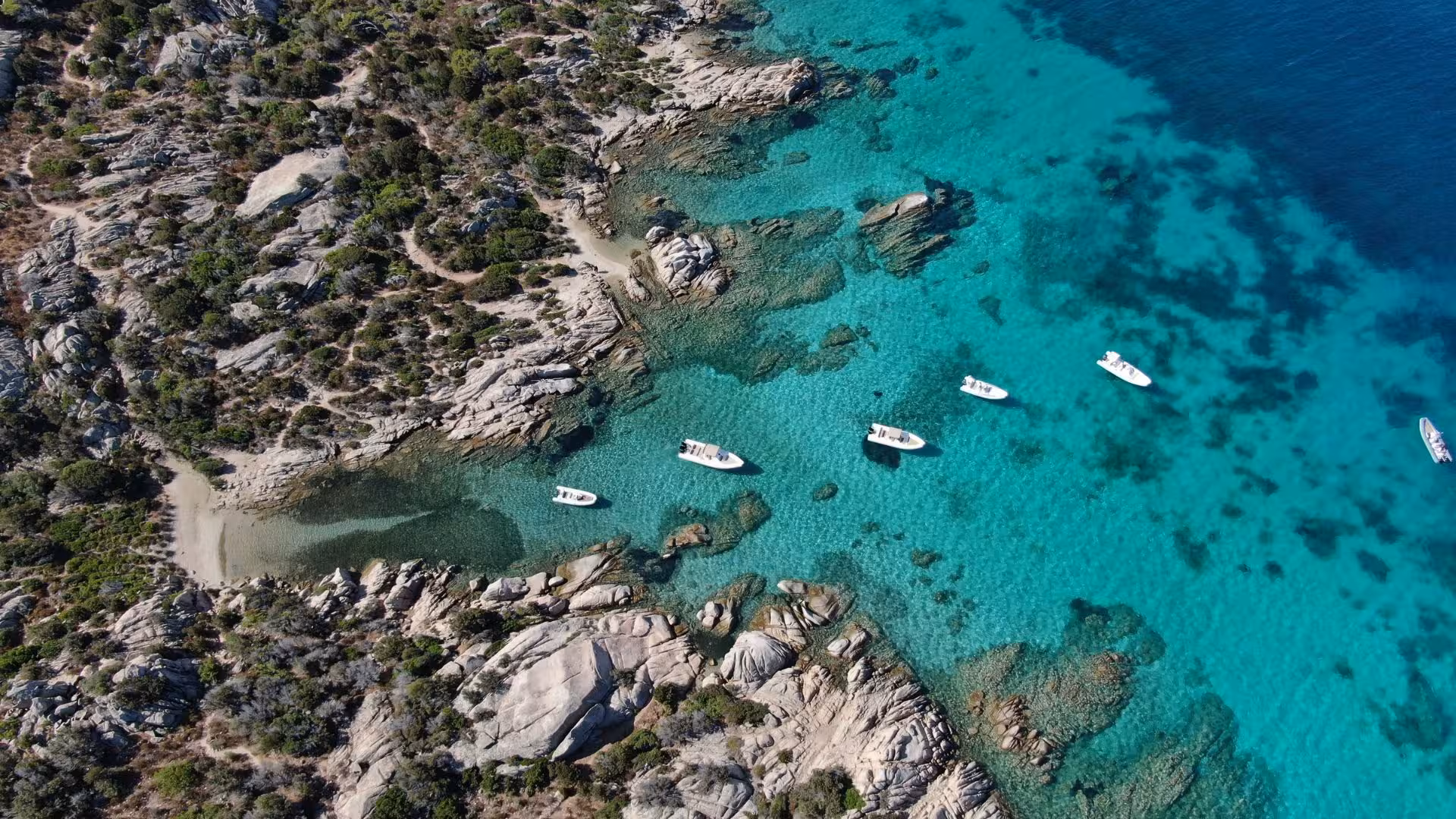 Stunning aerial shot of RIB boats floating in the turquoise waters along the rocky coastline of La Maddalena Archipelago.