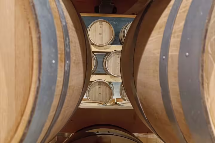 Rows of oak barrels aging wine in a Ribera del Duero cellar, part of the private tour from Madrid.