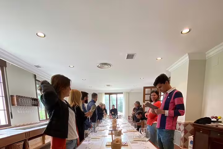 Group of tourists enjoying a wine tasting session in a Ribera del Duero winery, part of the Madrid day tour.