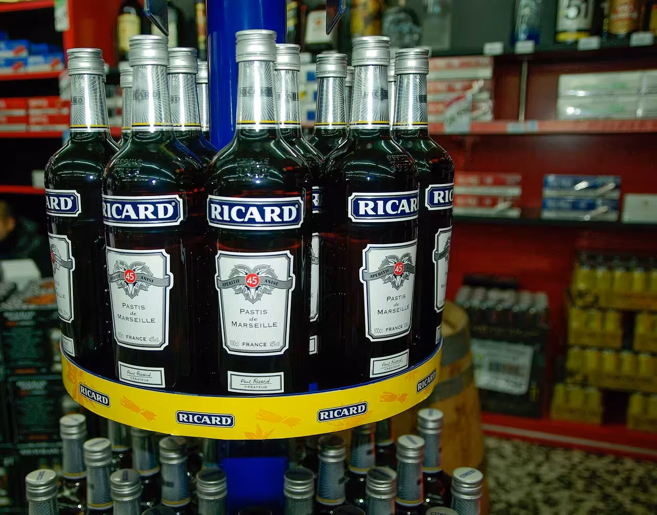 Ricard pastis bottles on display, a classic Provence aperitif tasting on a gourmet tour in Aix-en-Provence