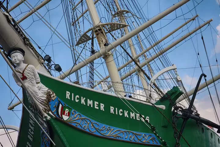 Rickmer Rickmers historic tall ship bow with figurehead and green hull at Hamburg waterfront