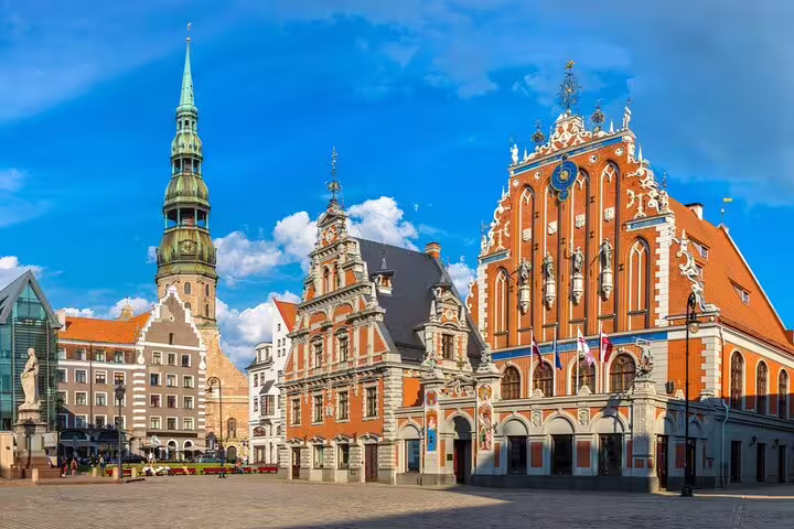 House of the Blackheads and St. Peter's Church at Riga Town Hall Square, Latvia