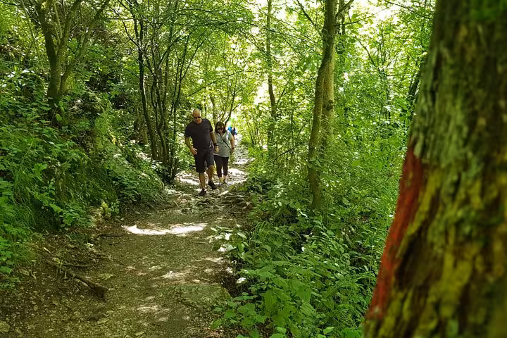 Two hikers walking on a forest trail near Rimetea Village, Cluj-Napoca day trip