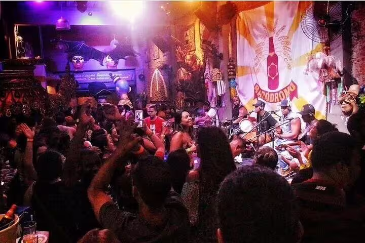 Lively samba performance in a vibrant Rio de Janeiro bar, capturing the essence of Brazilian nightlife and culture.