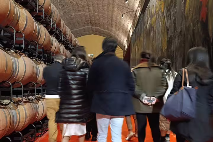 Group exploring Rioja winery cellar with elegant wine barrels and artistic wall decor.