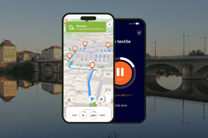 Two smartphones showing Roanne self-guided walking tour app with 3D GPS map and audio guide player