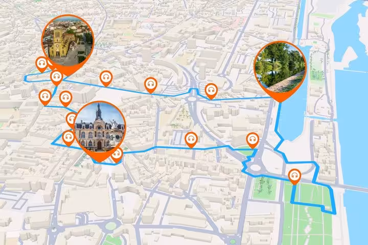 3D map of Roanne self-guided walking tour route with GPS audio guide stops marked in orange