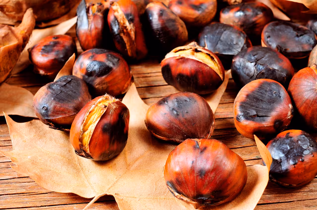 Roasted chestnuts on autumn leaves at the Yunquera Wine & Chestnuts Festival, highlighting seasonal flavors and traditions.