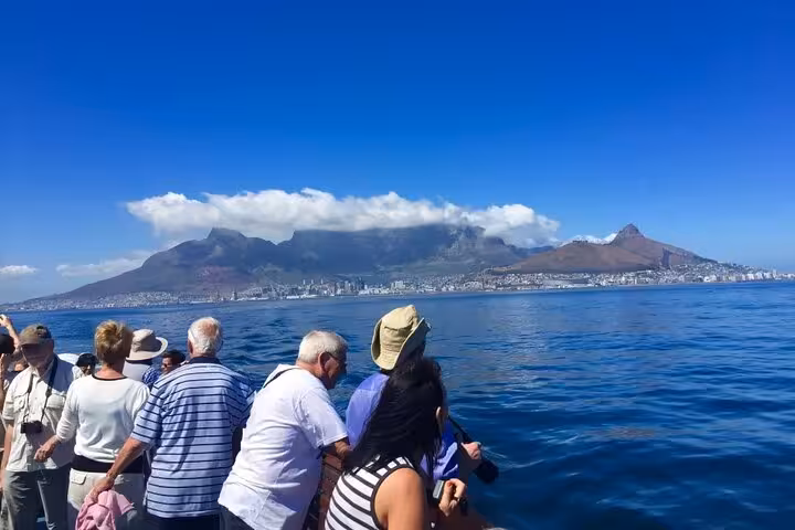 Tourists on a ferry enjoy stunning views of Table Mountain en route to Robben Island on a half-day tour.