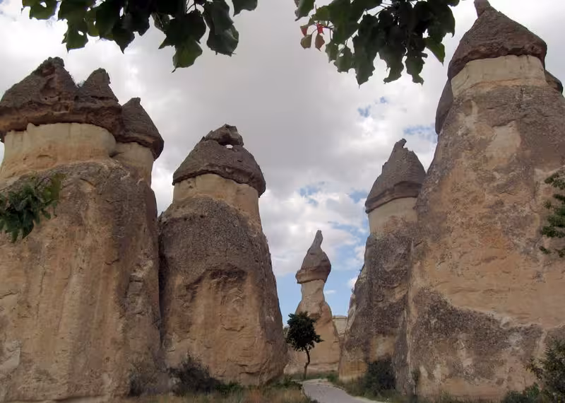 Tall fairy chimney rock formations in Cappadocia-like landscape under cloudy sky with trees