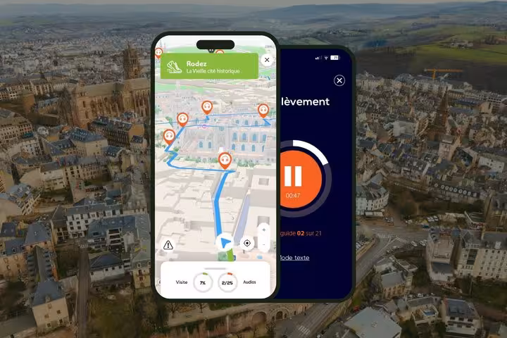 Self-guided walking tour app showing 3D map navigation and audio guide for Rodez historic city
