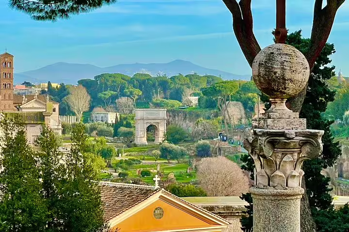 Scenic overlook of the Roman Forum archaeological site and Palatine Hill gardens with distant mountains on a Rome panoramic tour