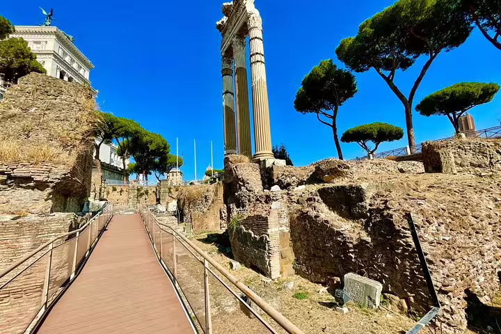 Walkway through crumbling Roman Forum ruins leading to towering marble columns and pines on a Rome Colosseum views tour