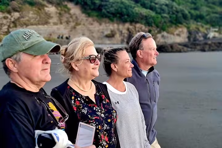 Group enjoying a scenic view during the Romantic Auckland Sunset tour with lush greenery and coastal backdrop.
