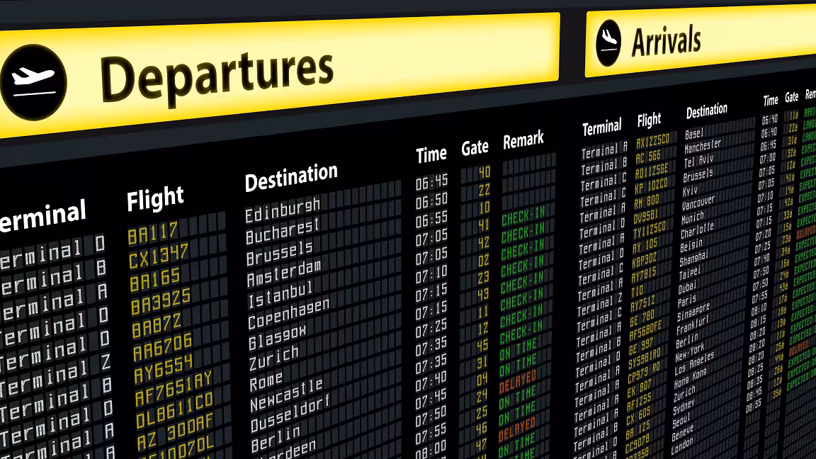 Digital airport departures and arrivals board with various international destinations and flight statuses at Rome FCO.