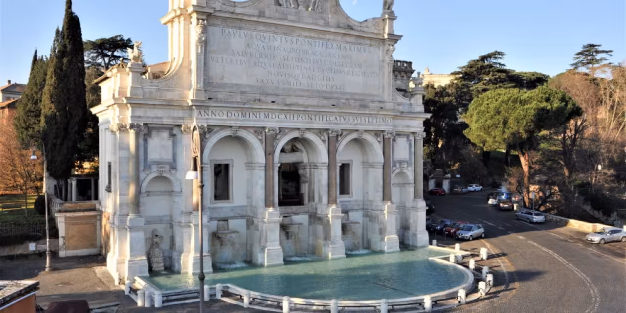 Fontanone dell’Acqua Paola on Gianicolo Hill, scenic stop on Rome Trastevere golf cart guided tour