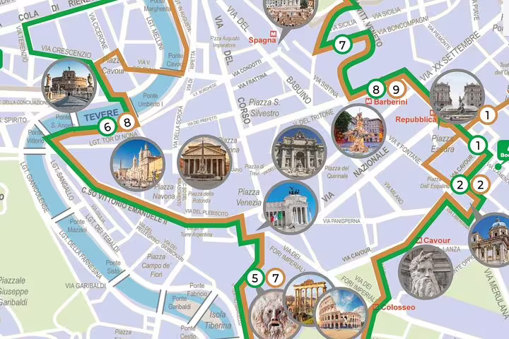 Colorful hop on hop off Rome bus route map highlighting Vatican Museums, Sistine Chapel, Colosseum and major city sightseeing stops
