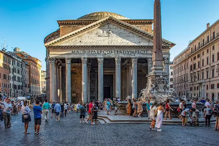 Tourists explore the Pantheon and Piazza della Rotonda on a Rome hop on hop off bus and Vatican Museums Sistine Chapel day tour