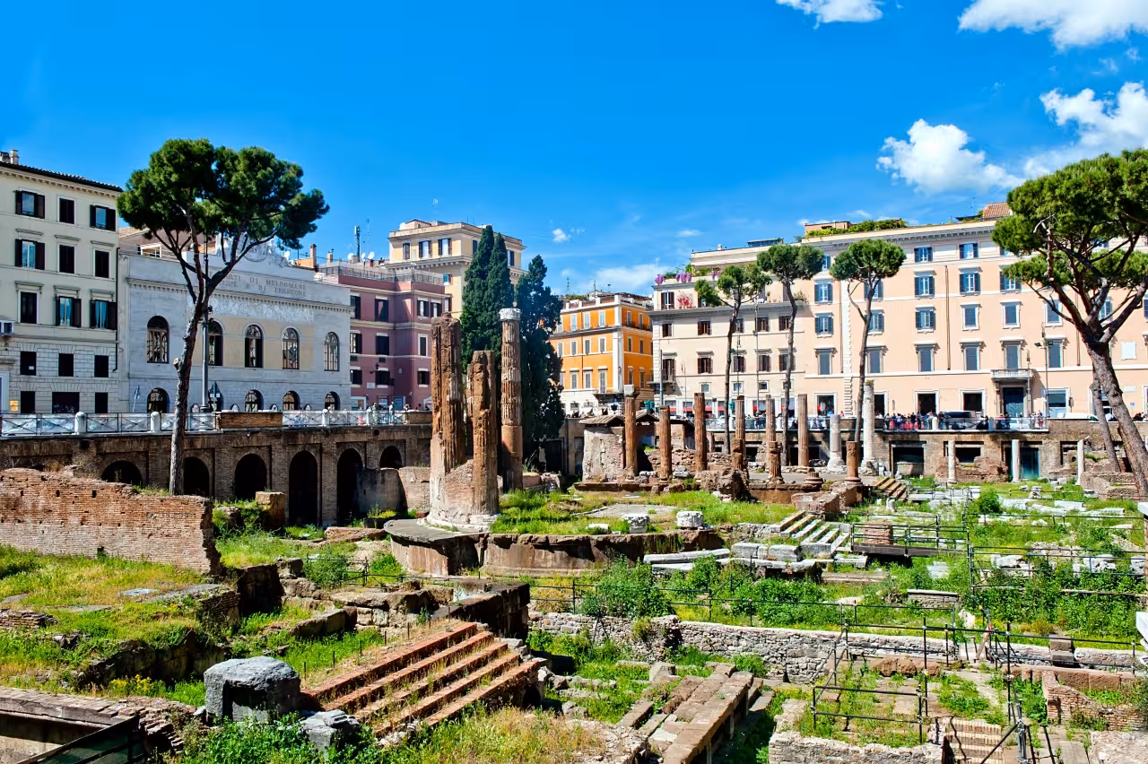 Ancient ruins at Largo di Torre Argentina seen on a Rome historical city center golf cart tour