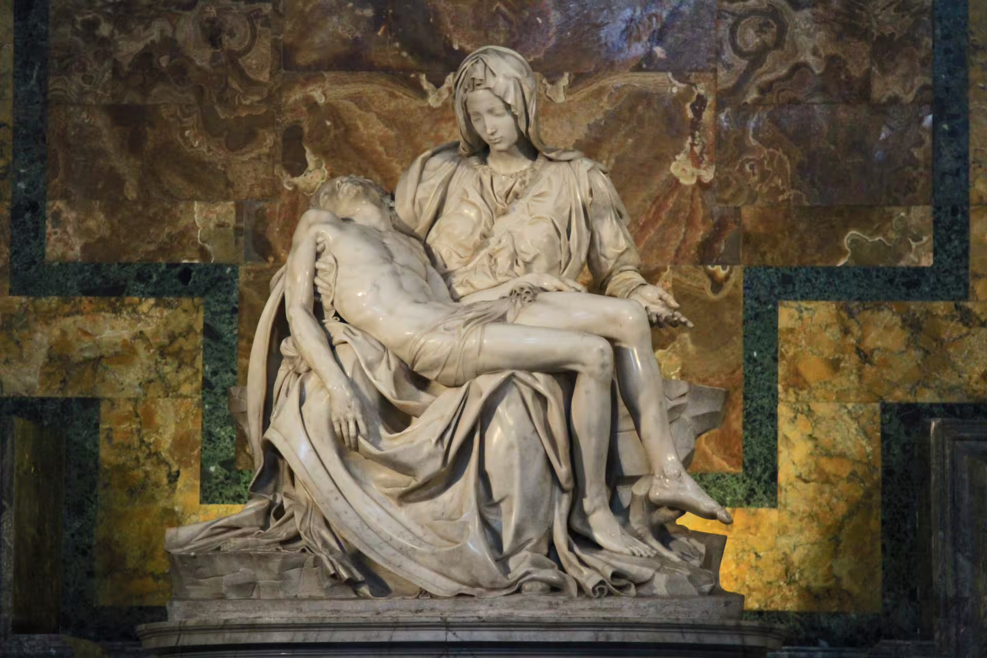Michelangelo’s Pietà in St Peter’s Basilica, highlight of Rome sunset golf cart churches tour with food tasting