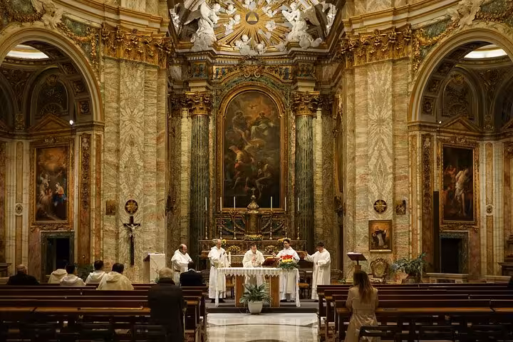 Priests conducting a service in an opulent Roman church, highlighting the spiritual essence of a private Rome tour.