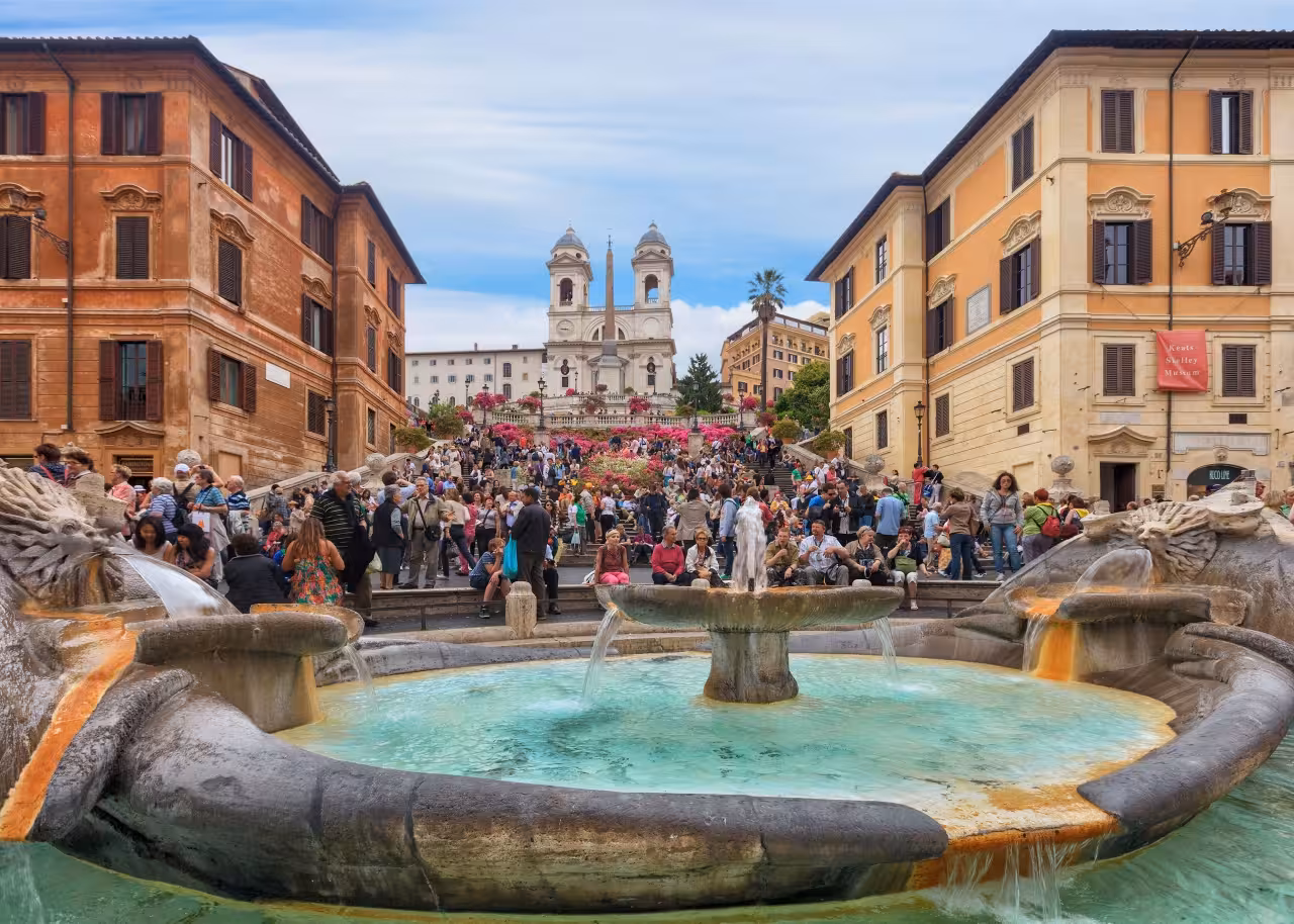 Piazza di Spagna and Spanish Steps with Fontana della Barcaccia, stop on Rome Ancient Amusement tour