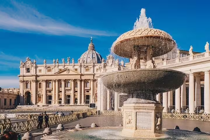 St Peter’s Basilica and ornate fountain in Vatican City, visited on a Rome two days private chauffeured tour