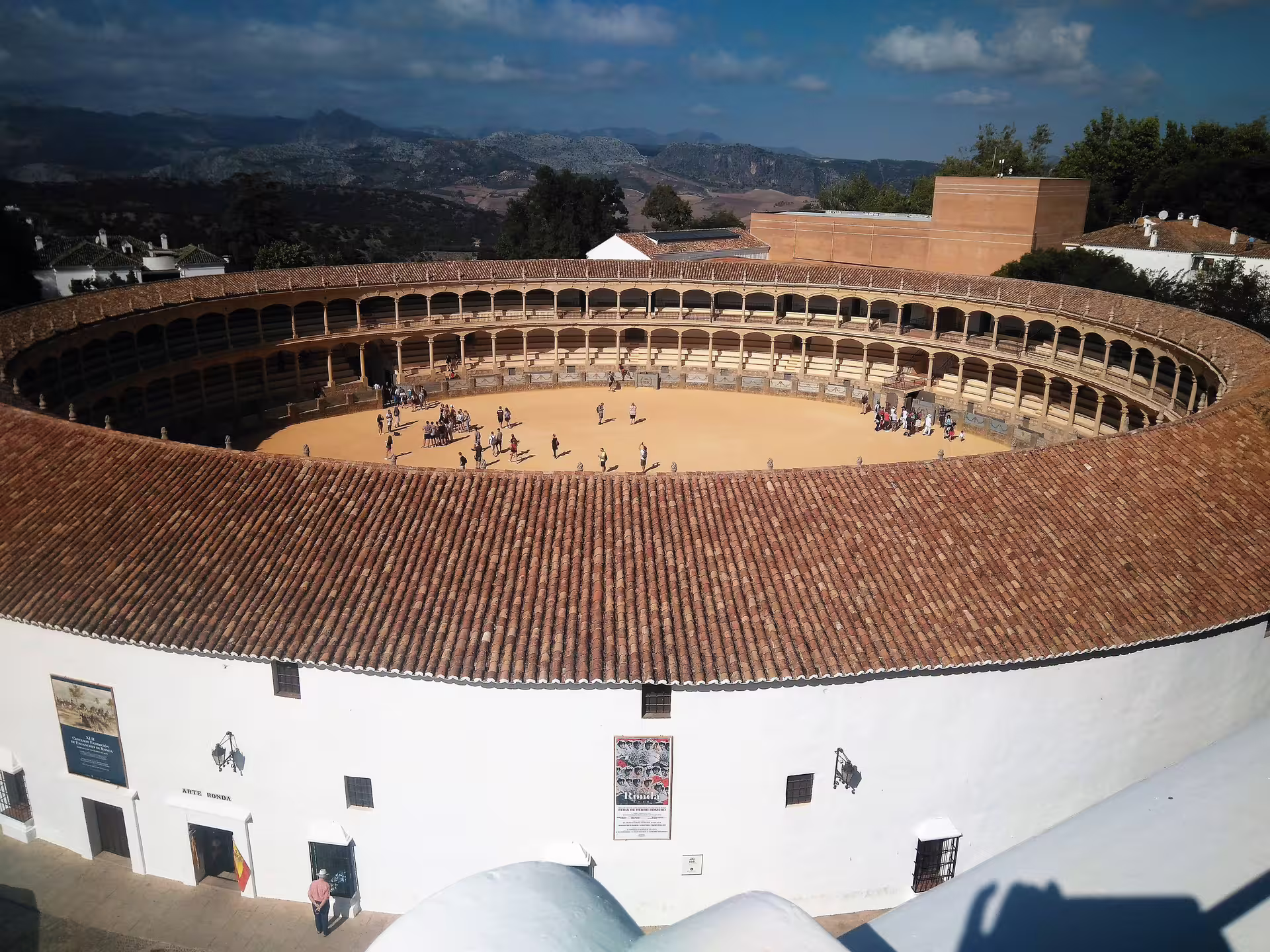 Aerial view of Ronda bullring Plaza de Toros on Malaga pickup group trip to Ronda and Setenil de las Bodegas