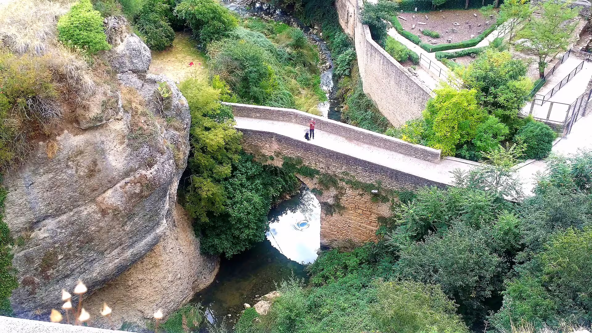 Ronda group walking tour scene of Puente Viejo stone bridge over gorge stream with lush greenery below