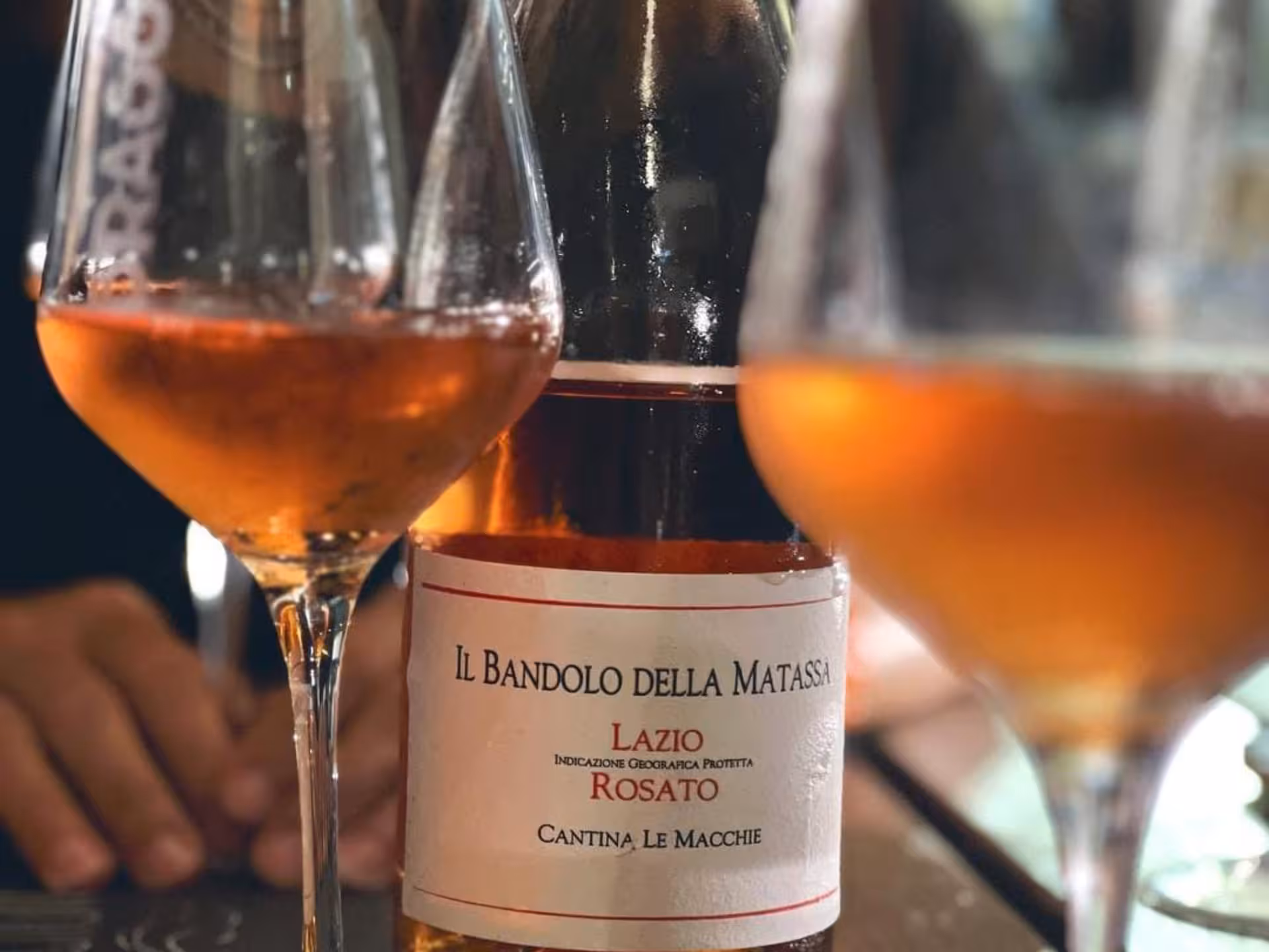 Close-up of rosé wine and glasses during a tasting in a Rieti countryside winery tour.