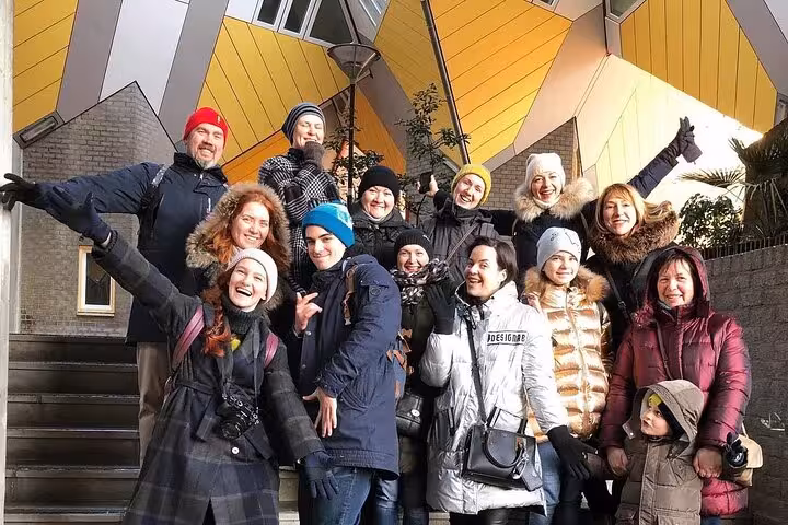 Group photo at Rotterdam Cube Houses during Your Own Holland private sightseeing tour in the Netherlands