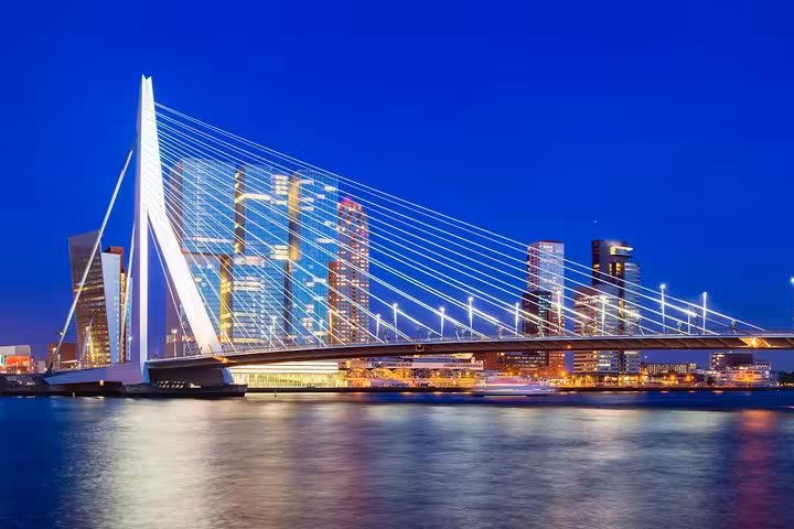 Rotterdam Erasmus Bridge at night, scenic start for private transfer to Amsterdam and Schiphol Airport