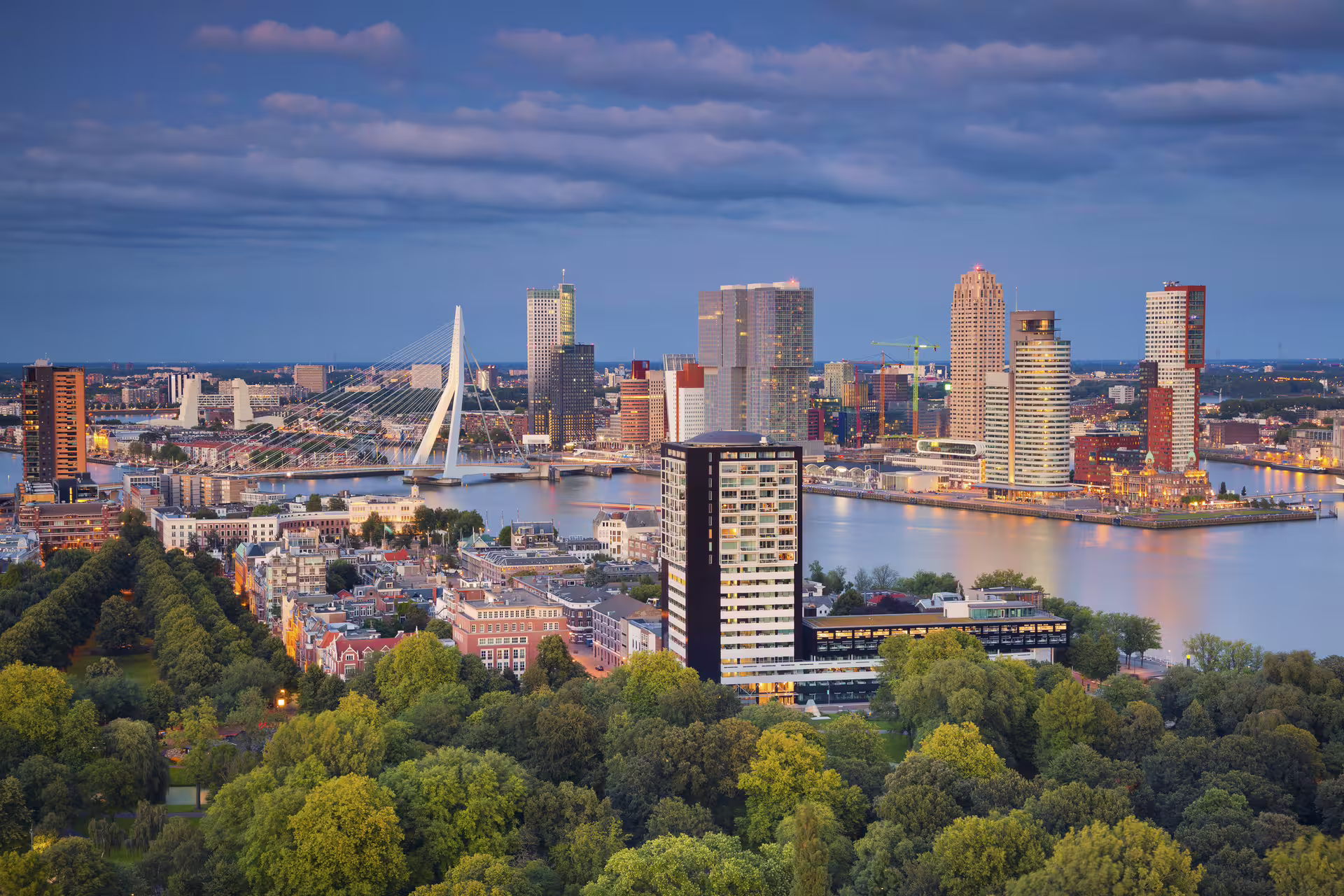 Rotterdam skyline at dusk with Erasmus Bridge and Maas River, highlight of 1-day walking audioguide tour